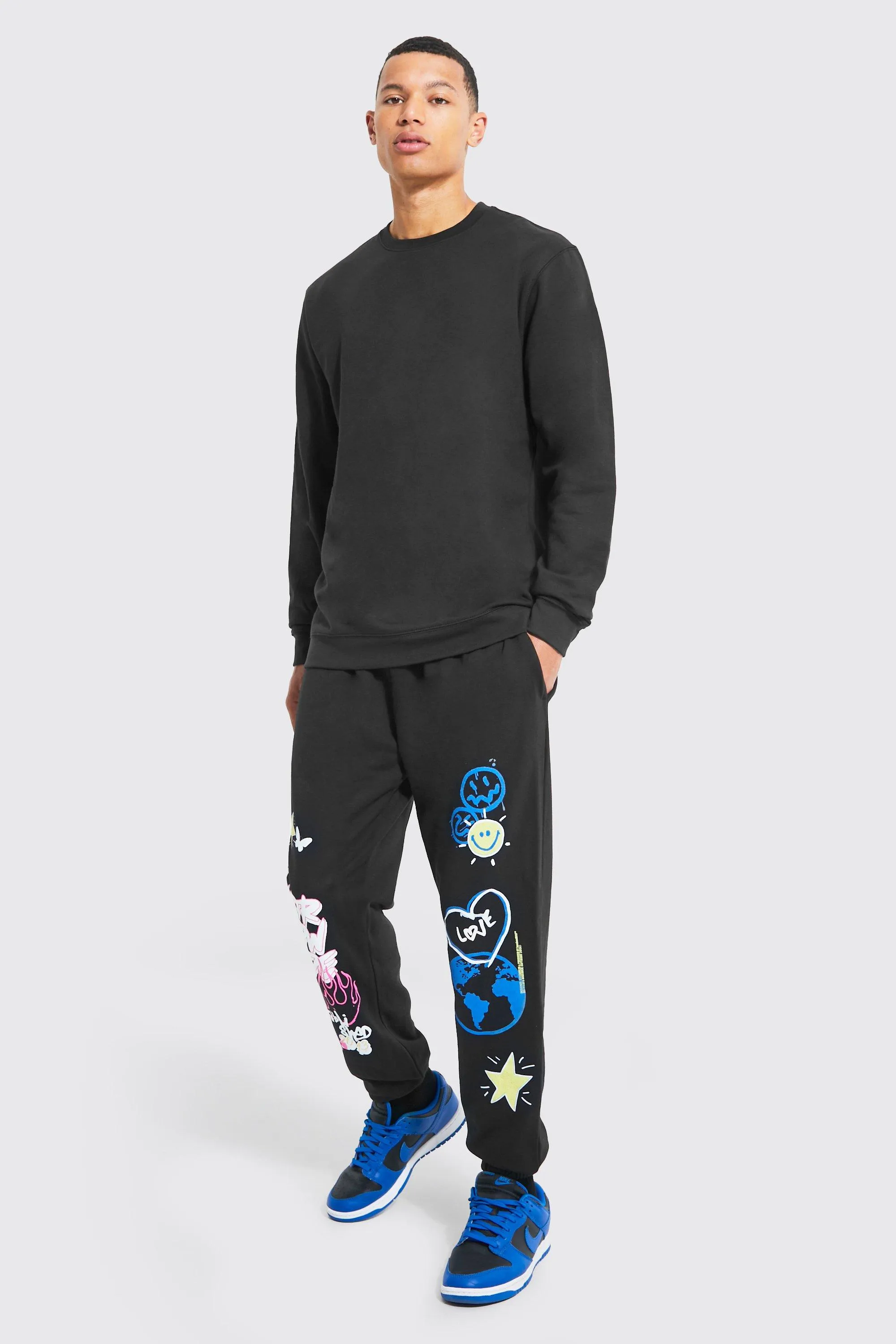 Tall Graffiti Doodle Graphic Sweat Tracksuit | boohooMAN UK