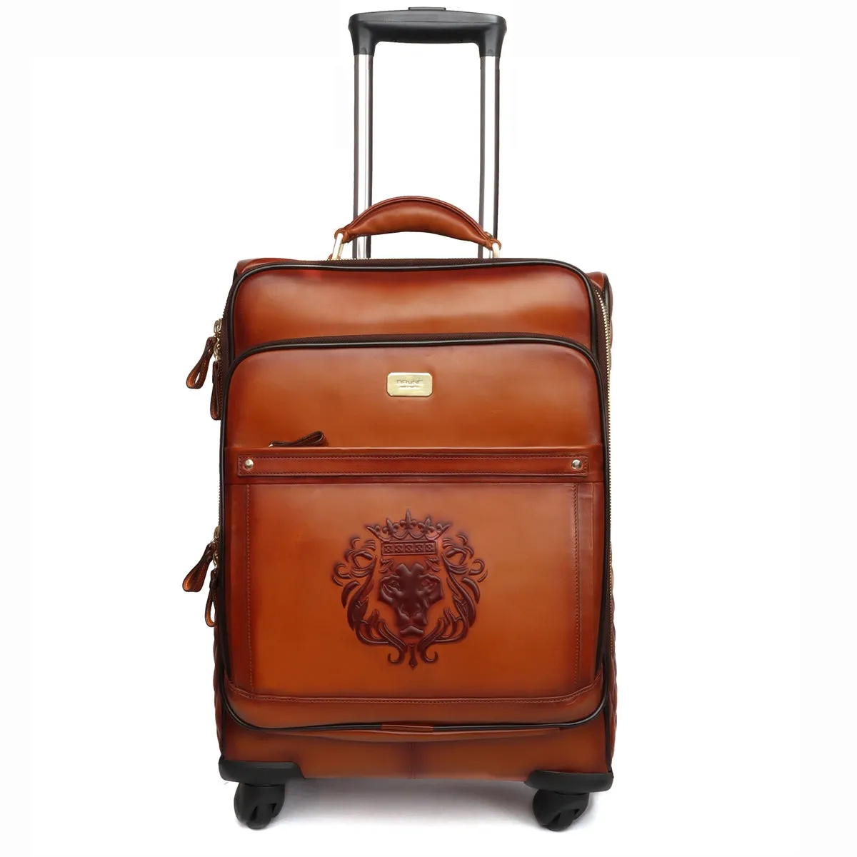 Tan Leather Diamond Stitched Quad Wheel Trolly Bag by Brune & Bareskin