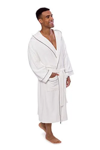 TEXERE MEN'S TERRY CLOTH ROBE HOODED (EKLIPS, NATURAL WHITE, SMALL/MEDIUM) COZY ABSORBENT SLEEPWEAR BATH ROBE FOR MEN TX-MB050-0