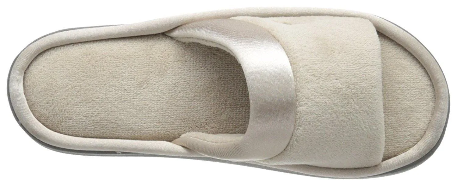 Totes isotoner Women's Microterry Slide Slipper with Satin Trim, Stone, 7.5/8