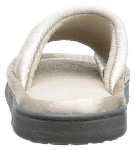 Totes isotoner Women's Microterry Slide Slipper with Satin Trim, Stone, 7.5/8