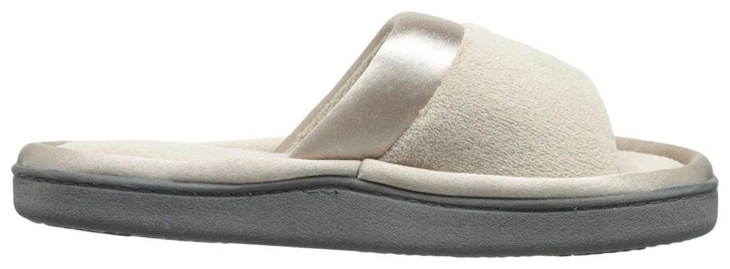 Totes isotoner Women's Microterry Slide Slipper with Satin Trim, Stone, 7.5/8