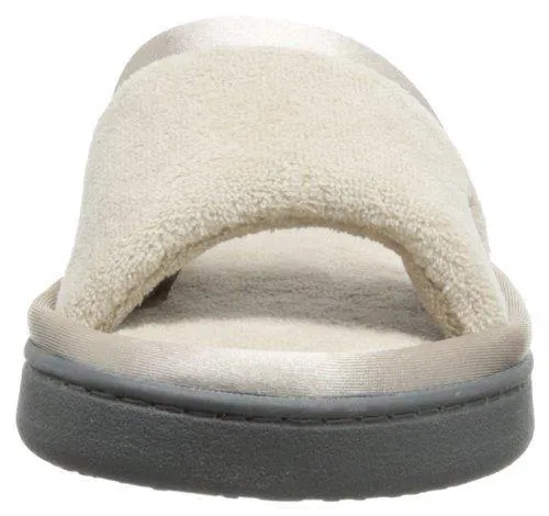 Totes isotoner Women's Microterry Slide Slipper with Satin Trim, Stone, 9.5/10  