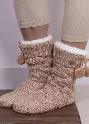 Totes Ladies Cable Knit Pom Pom Slipper Socks in Oat | Kaleidoscope