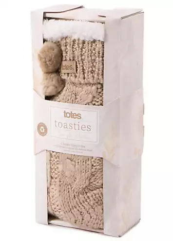 Totes Ladies Cable Knit Pom Pom Slipper Socks in Oat | Kaleidoscope