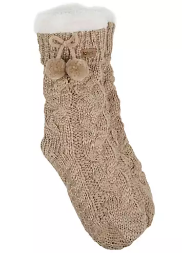 Totes Ladies Cable Knit Pom Pom Slipper Socks in Oat | Kaleidoscope