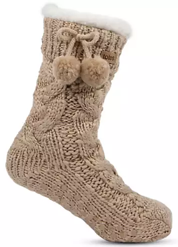 Totes Ladies Cable Knit Pom Pom Slipper Socks in Oat | Kaleidoscope