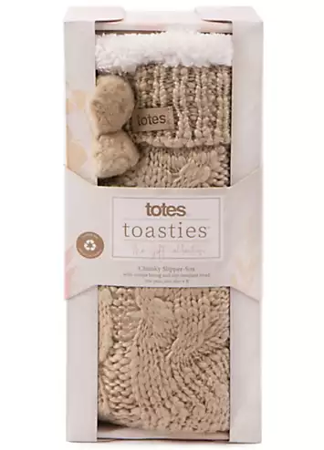 Totes Ladies Cable Knit Pom Pom Slipper Socks in Oat | Kaleidoscope