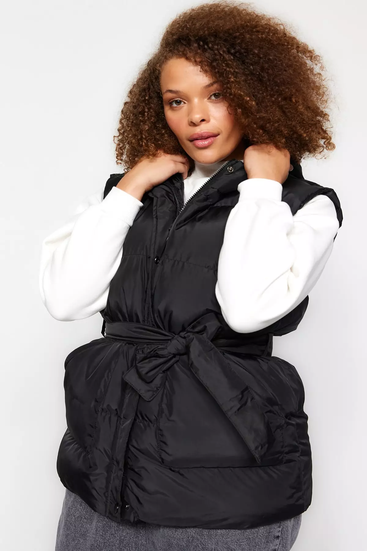 Trendyol Plus Size Black Belted Hooded Inflatable Vest