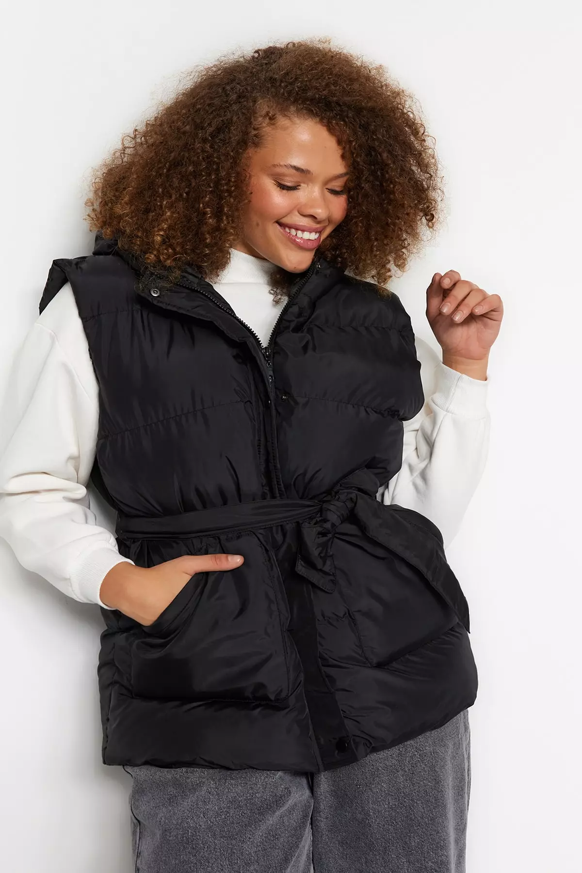 Trendyol Plus Size Black Belted Hooded Inflatable Vest