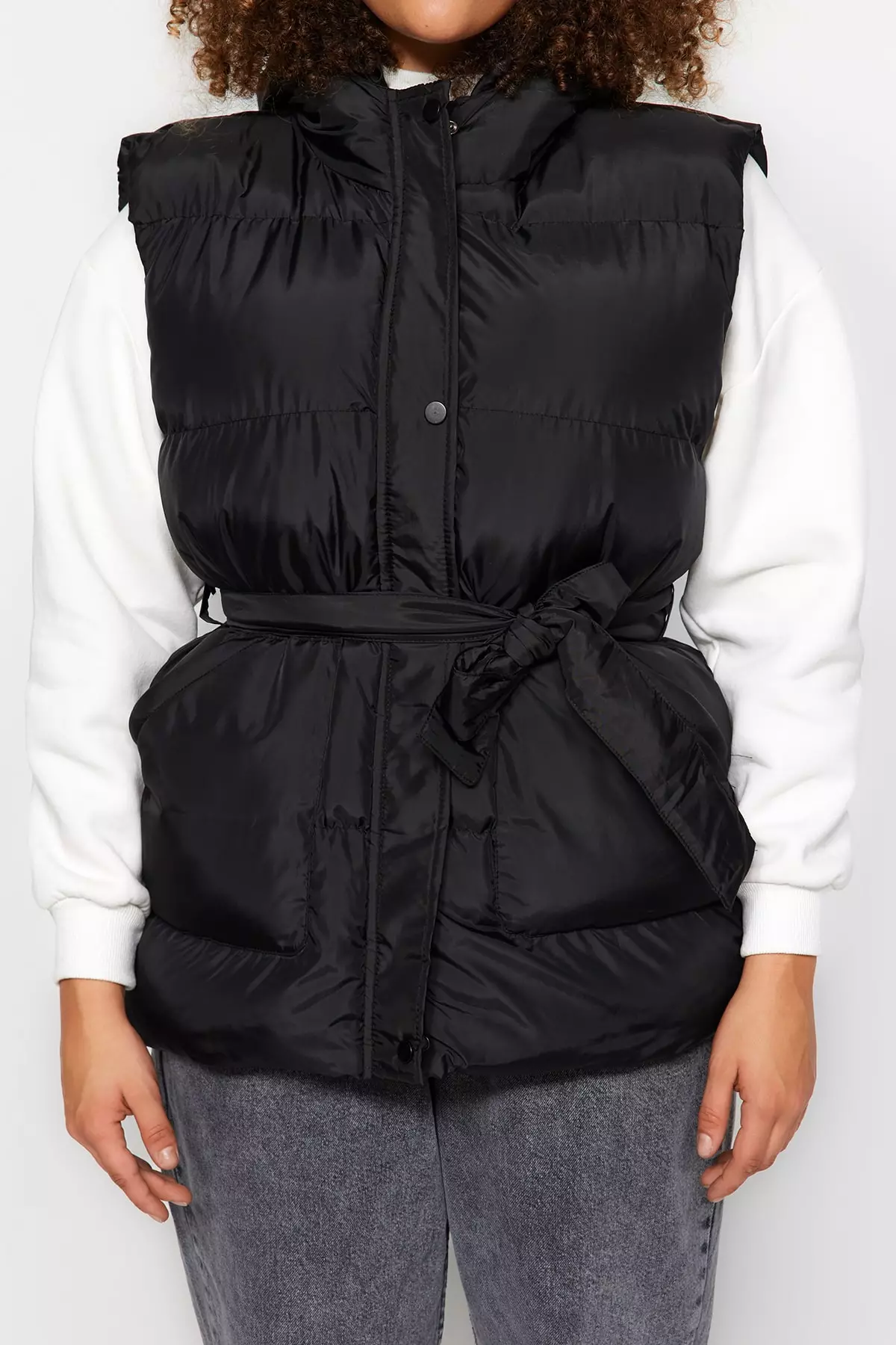 Trendyol Plus Size Black Belted Hooded Inflatable Vest