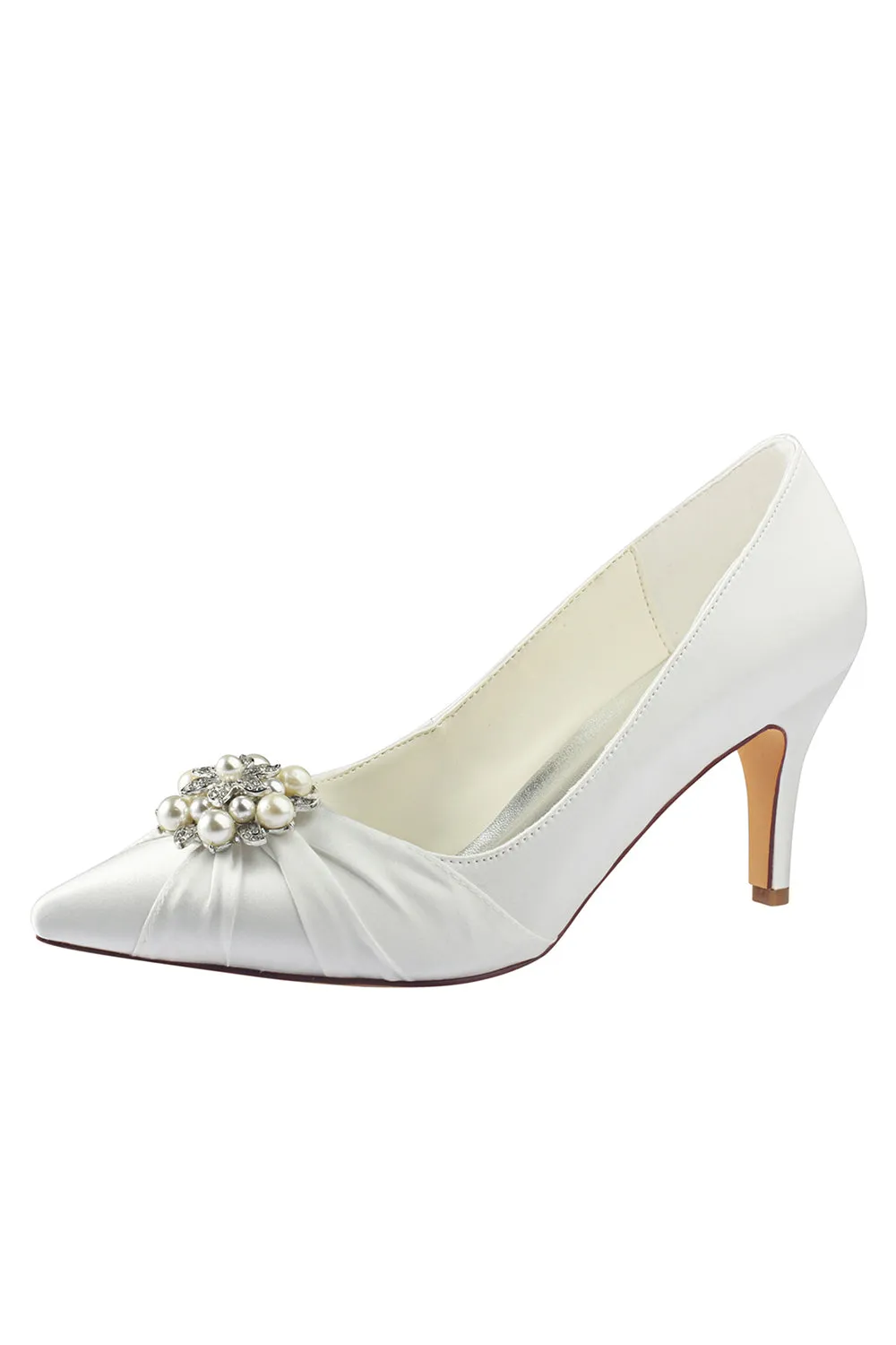 Wedding Shoes Close Toe Stiletto Heel Satin With Rhinestone Ruffles