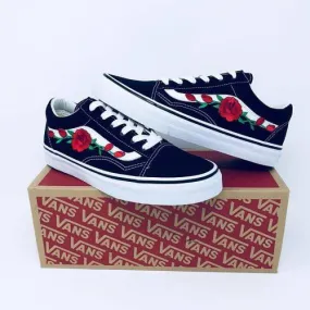 Women’s black white old school vans rose embroidered