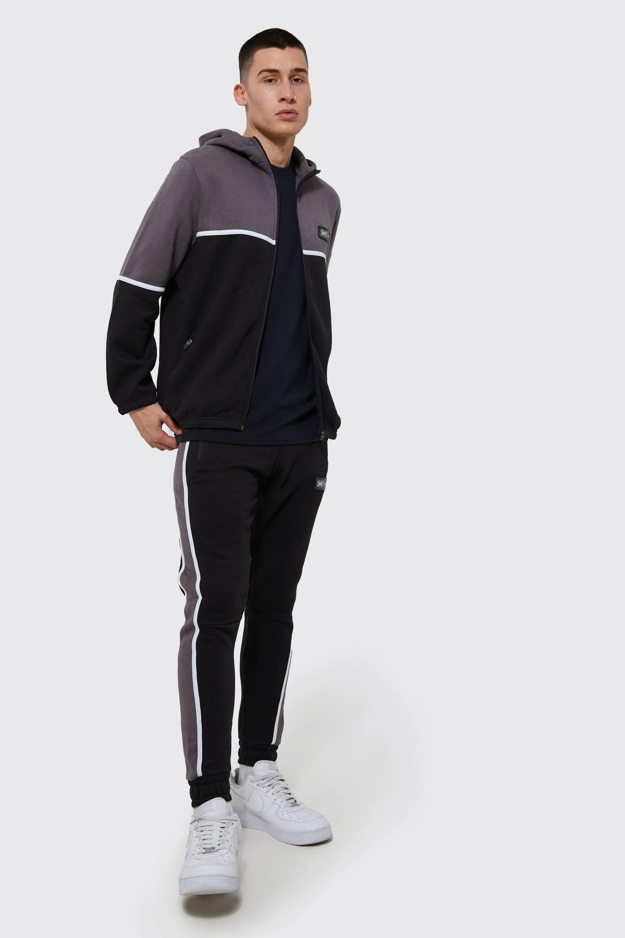 Zip Hooded Panelled Tracksuit With Tape | boohooMAN UK